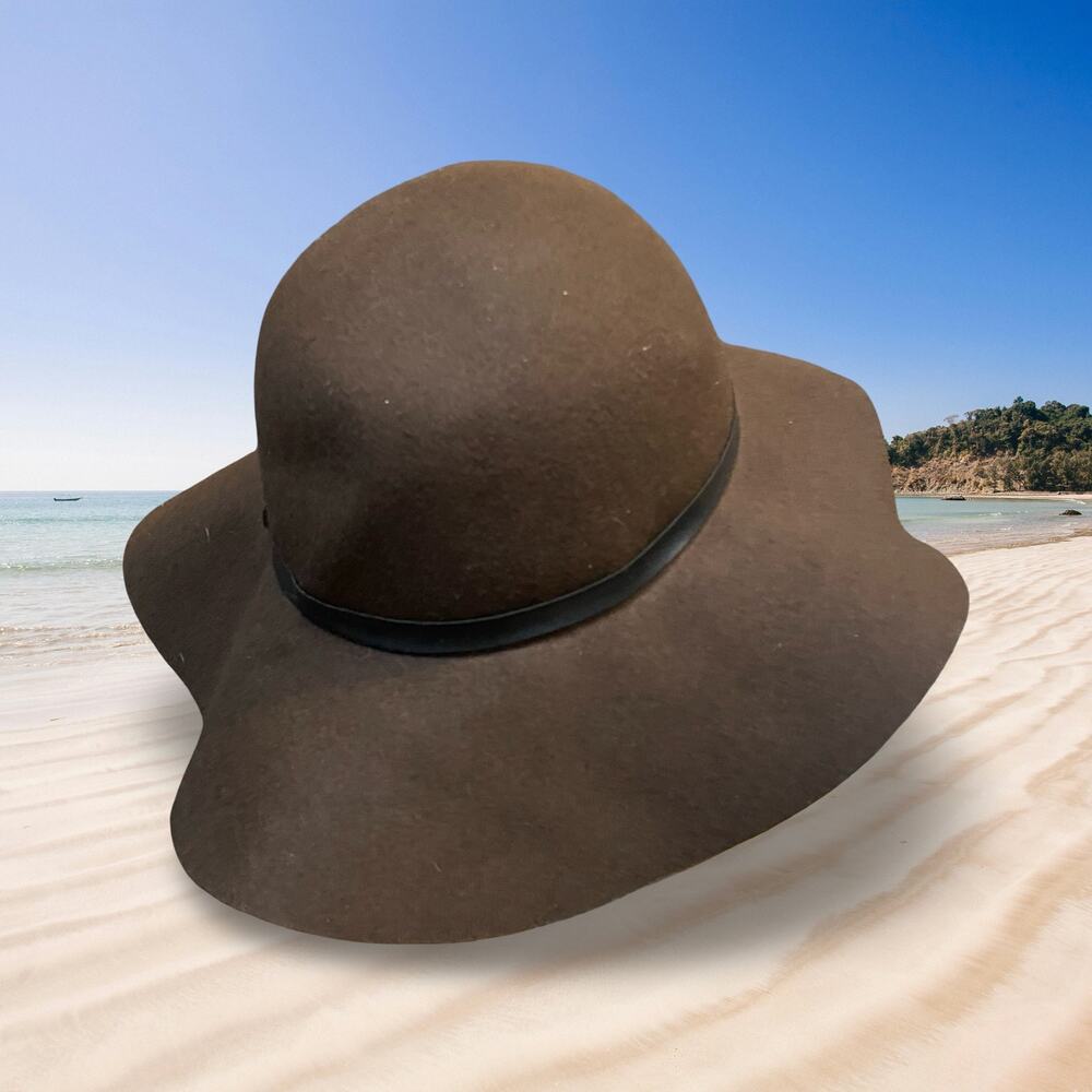 Boho Wool Felt Wide Brim Sun Hat Brown Black Bow Accent Charlotte Russe Cap